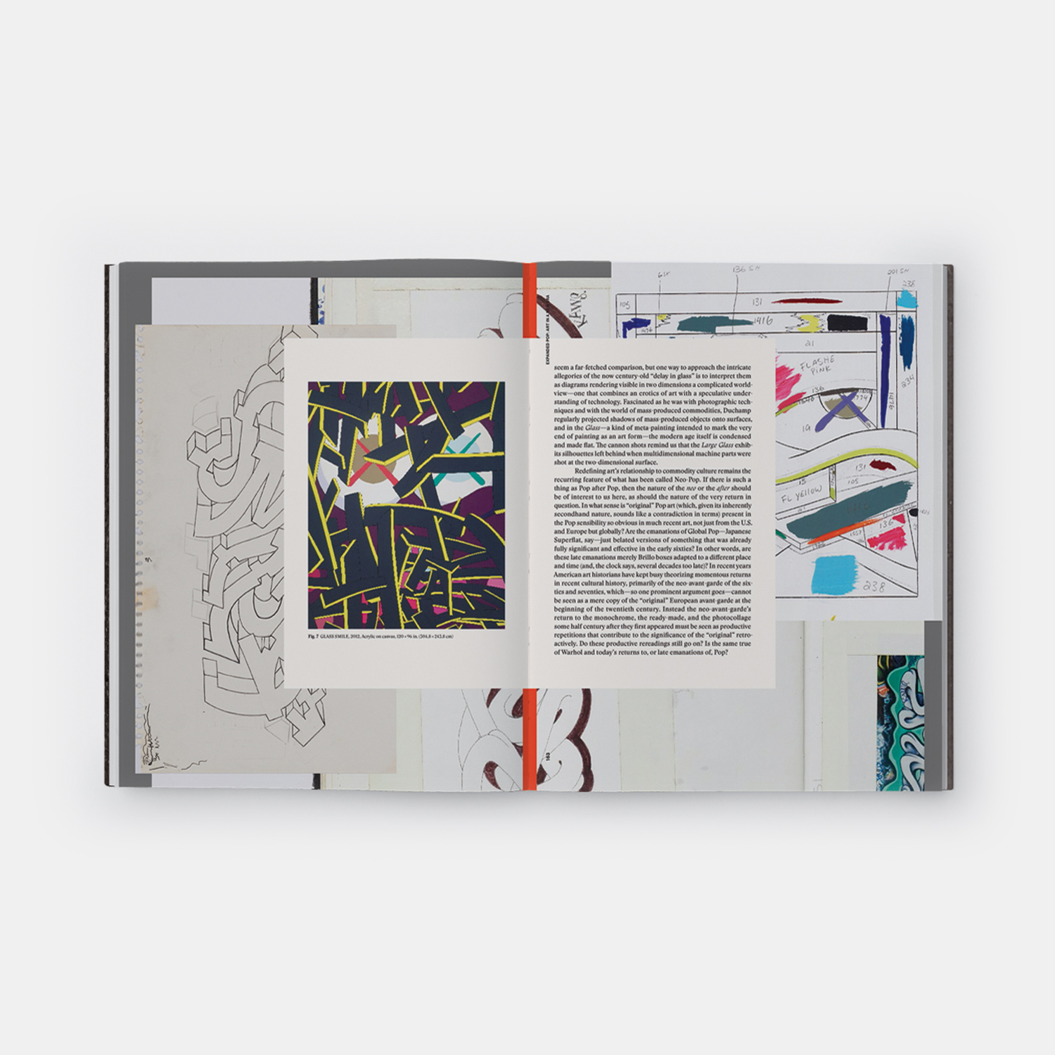 Pages from our new book reproducing KAWS's near abstract work GLASS SMILE, 2012