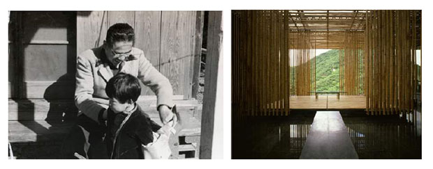 Kengo Kuma with his father on the veranda of their traditional 1930s house in the suburbs of Tokyo circa 1959, photo courtesy Kengo Kuma; right: Great (Bamboo) Wall house (2002) photo by Satoshi Asakawa, courtesy Kengo Kuma & Associates, Tokyo