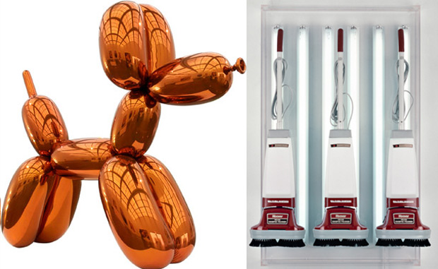 From left: Balloon Dog (Orange) (1994-200) and New Hoover Deluxe Shampoo Polishers (1980) both by Jeff Koons