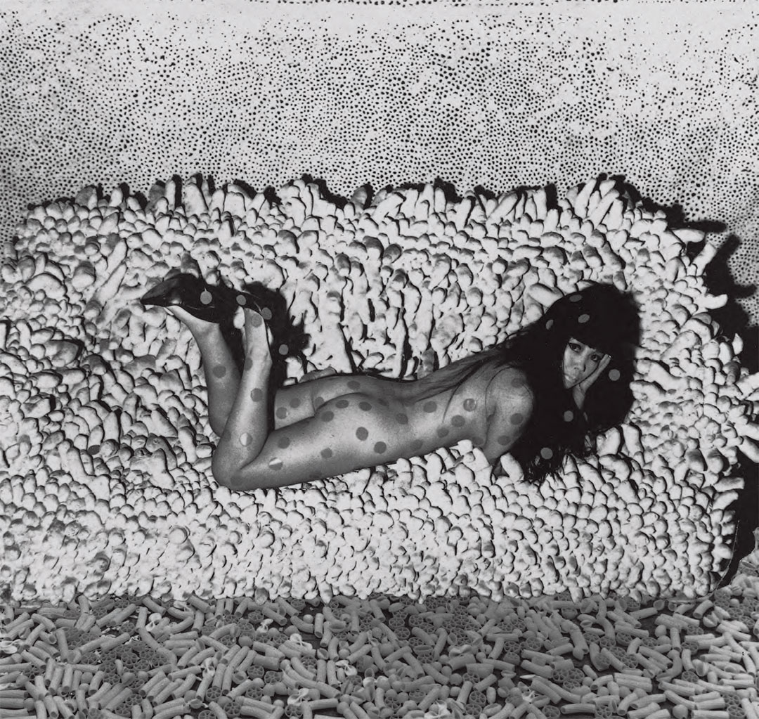 Untitled (c. 1966) by Yayoi Kusama. A photo collage of the artist reclining on a Accumulation No 2, Infinity Net background, macaroni carpet. As reproduced in our Yayoi Kusama book. 