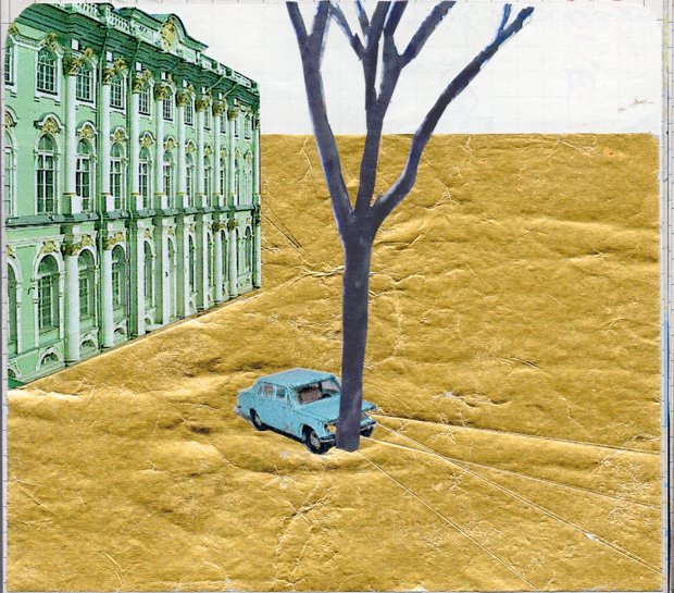 Francis Alÿs, Draft for Lada project. Collage with gold leaf, 2014, 11.5 x 13 cm. Courtesy of the artist.