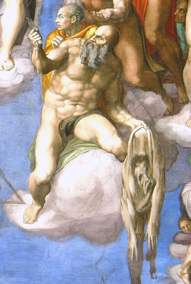 Saint Bartholomew displaying his flayed skin, as represented in Michelangleo's Last Judgement. Most scholars agree that the face on the skin is Michelangelo's own; this image now appears in our new book, 500 Self-Portraits