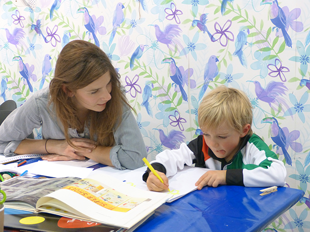 Laura Carlin and a young illustrator at the Affordable Art Fair's Big Draw event