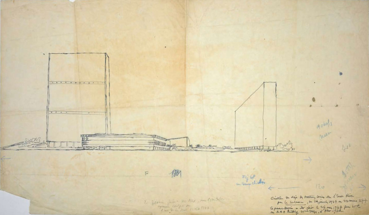 Perspective, proposal for the UN headquarters, including the General Assembly and Secretariat, 27 March 1947, by Le Corbusier. From Le Corbusier Le Grand