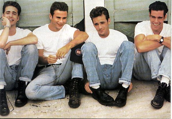 Jason Priestley, Jamie Walters, Luke Perry, and Dana Ashbrook, wearing Levi’s jeans, GQ, May 1992.