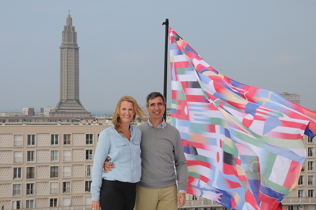 Lucy + Jorge Orta on top of Oscar Niemeyer's Volcano building in Le Havre, France