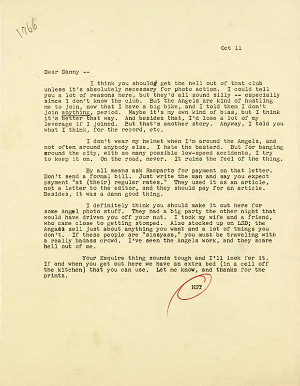 Hunter S. Thompson's 1962 letter to Danny Lyon - Lyon says: 