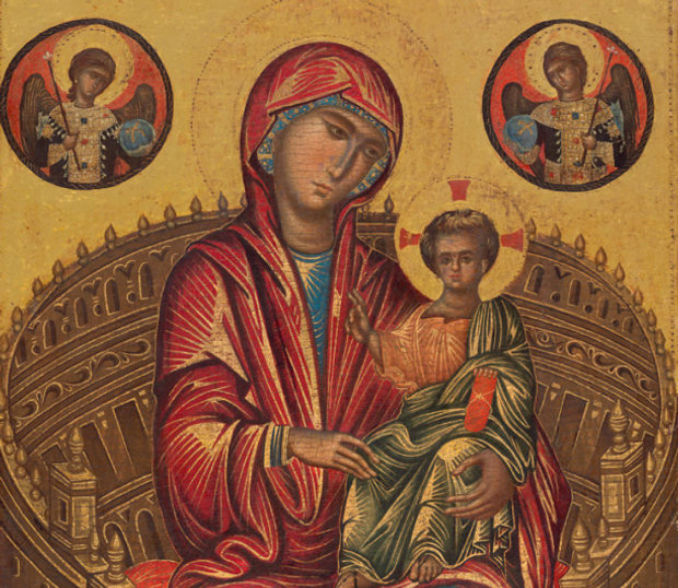 Detail from Madonna and Child on a curved throne (c.1280) altar painting from Constantinople, reproduced in The Story of Art