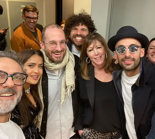 Massimo Bottura (far left) with Salma Hayek (near left), Darren Aronofsky (centre left) and JR (far right)