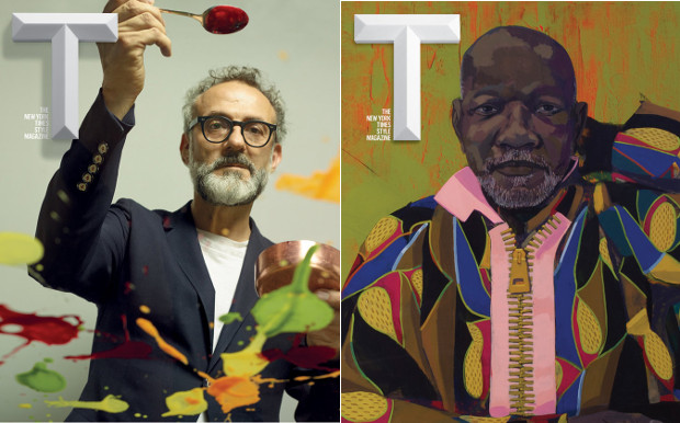 Massimo Bottura photographed by Bea de Giacomo and Kerry James Marshall's self portrait on the cover of this Sunday's New York Times' T Magazine. Images courtesy of the New York Times