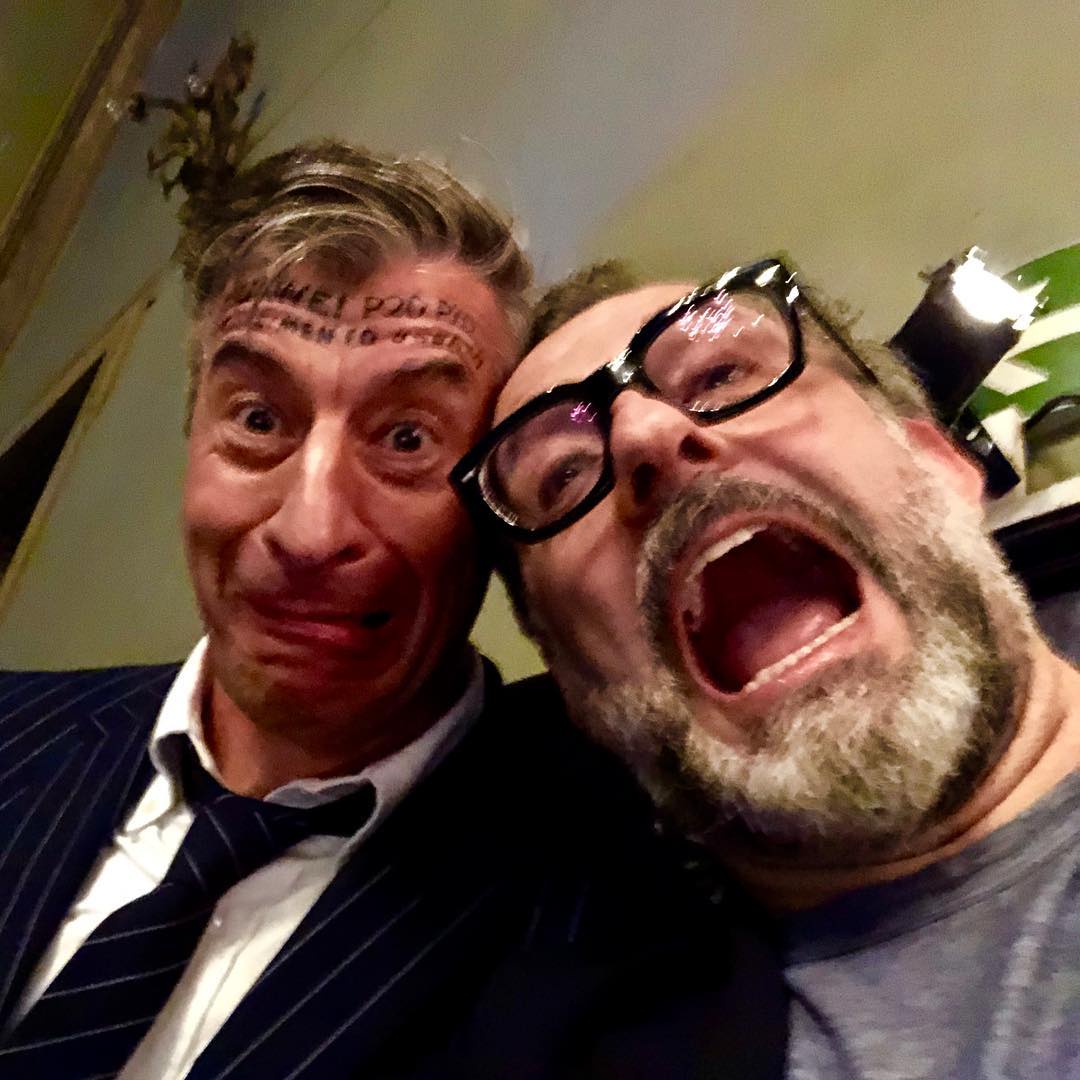 Maurizio Cattelan (left) and Massimo Bottura at the University of Carrara. Image courtesy of Massimo's Instagram