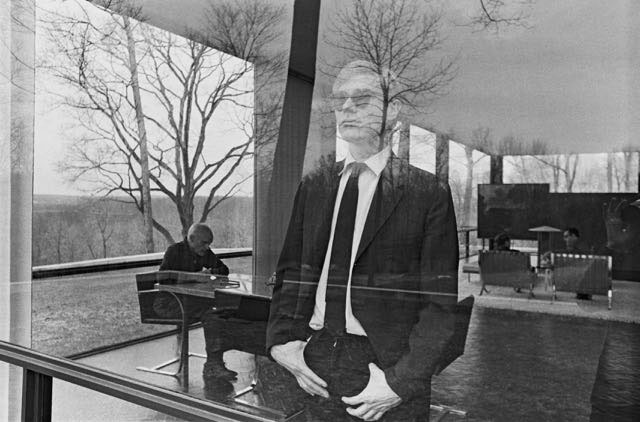 Andy Warhol with Philip Johnson (back) at the Glass House, winter 1964-65, photograph by David McCabe, courtesy of the Glass House