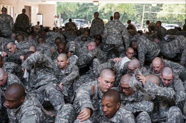 Fort Jackson military base, Sept 2011. New recruits prepare to board a bus to their barracks.