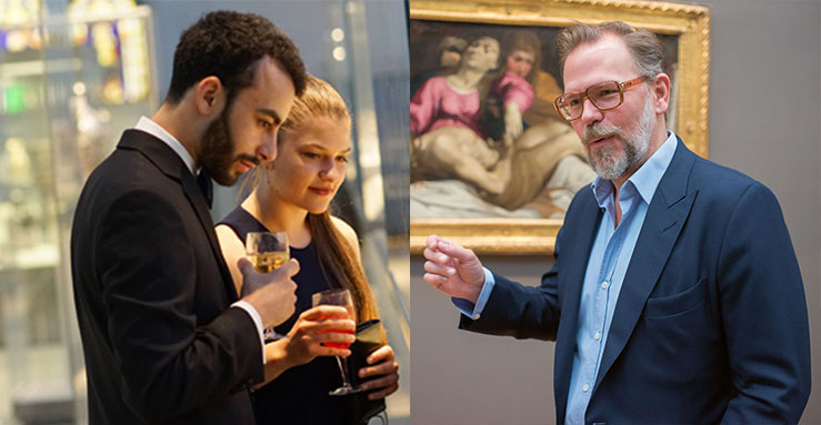 From left: a Met members' event; John Currin beside Ludovico Carracci’s The Lamentation at the Metropolitan Museum, New York. Photo by Jackie Neale/Kathryn Hurni © The Met