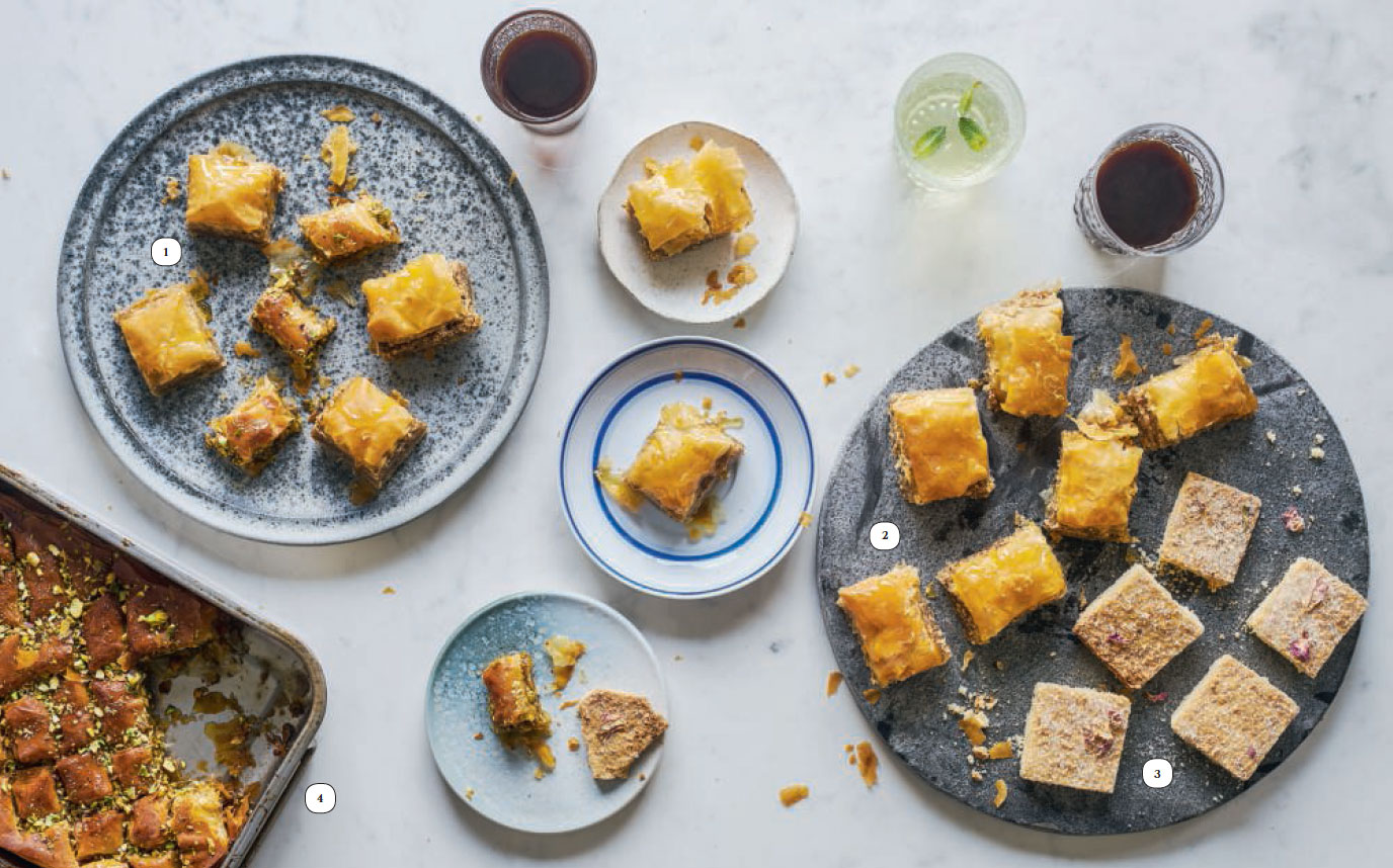 1. Walnut and Rose Baklava 2. Pecan and Orange Baklava 3. Rose and Cardamom Shortbread 4. Pistachio Baklava. As featured in The Mezze Cookbook