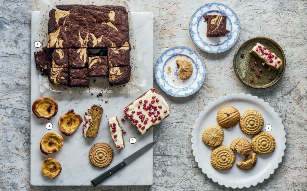 1. Tahini Brownies 2. Ma’mool Cookies 3. Pistachio and Pomegranate Cake 4. Orange Blossom Water and Saffron Tartlets, as featured in The Mezze Cookbook