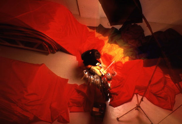 Gilbert Baker sewing the Rainbow Flag in NYC, 1994. Photo: Mick Hicks. Courtesy the artist and MoMA