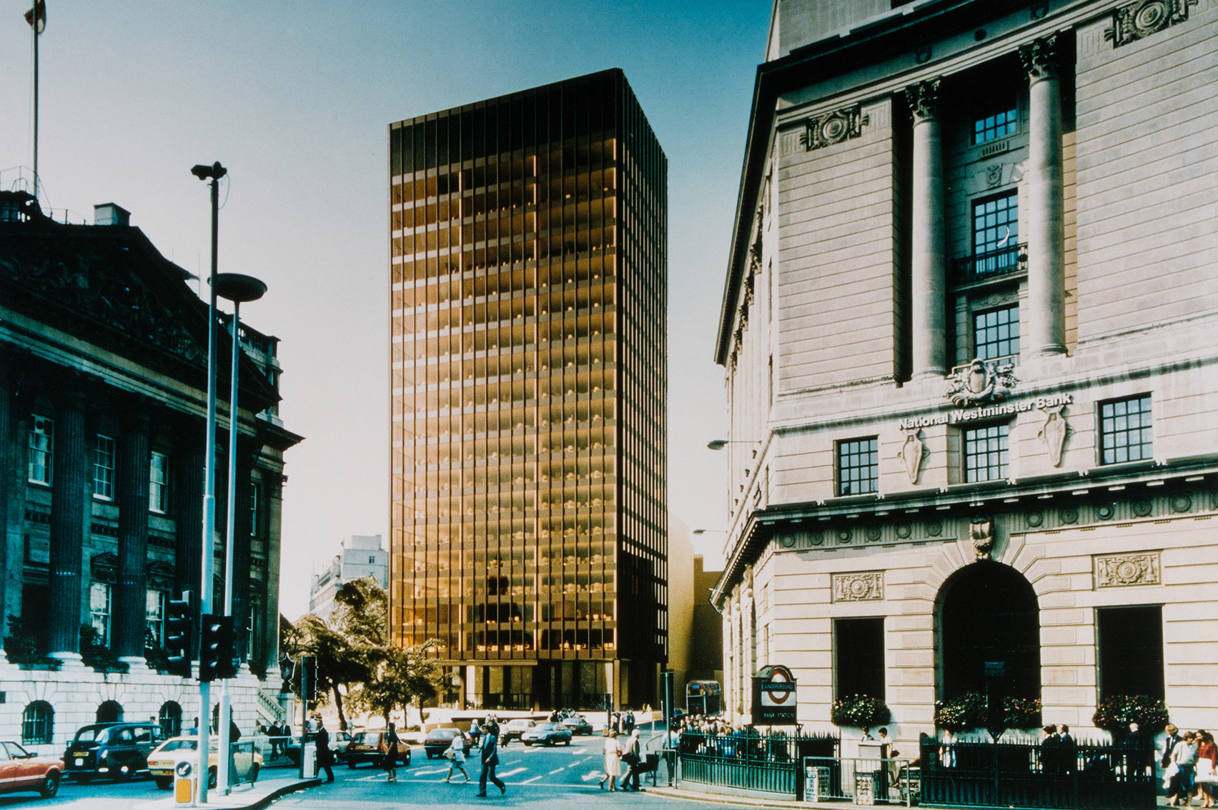 Mansion House Square; view of model collaged into photograph of site. 