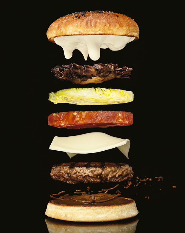 A stacked hamburger, as featured in Modernist Cuisine. Photograph by Matthew Ryan