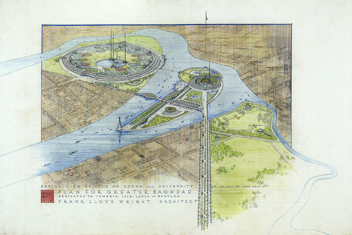 
Frank Lloyd Wright (American, 1867–1959). Plan for Greater Baghdad, Baghdad. Project, 1957. Aerial perspective of the cultural center and University from the north. Ink, pencil, and colored pencil on tracing paper, 34 7/8 x 52″ (88.6 x 132.1 cm). The Frank Lloyd Wright Foundation Archives (The Museum of Modern Art | Avery Architectural & Fine Arts Library, Columbia University, New York)