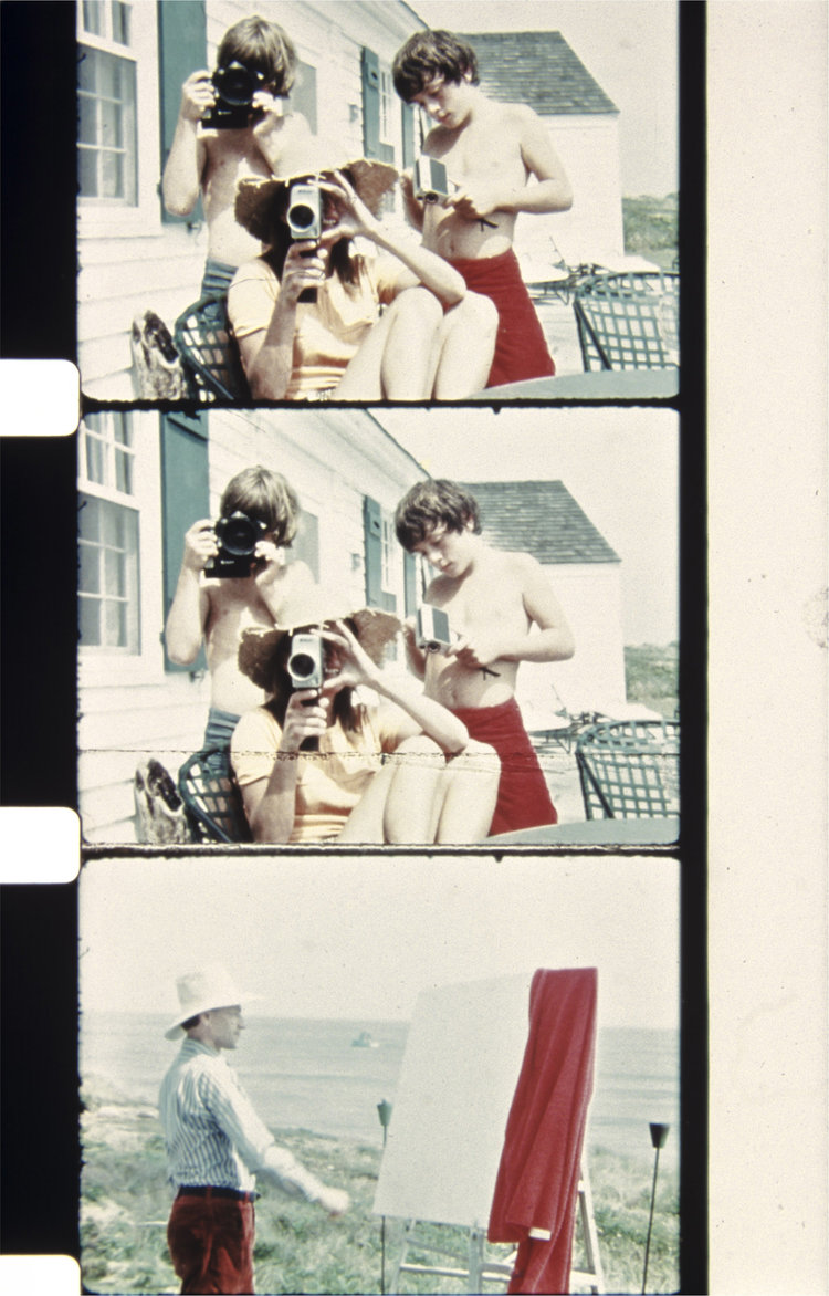 Top and middle: Anthony Radziwill, John F. Kennedy, Jr. and Lee Radziwill with their 8mm film cameras at the Warhol/Morrissey house in August of 1972. Bottom: Jonas Mekas at the Warhol/Morrissey house in August of 1972