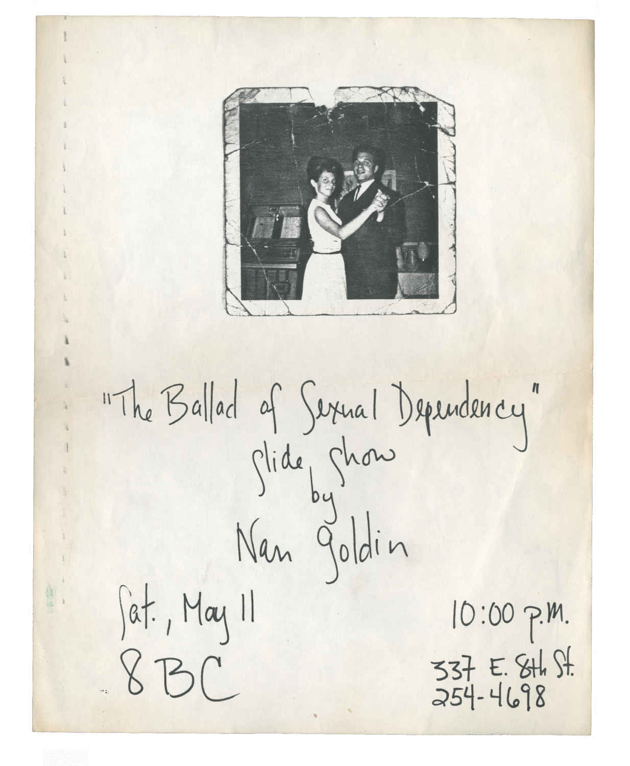 Nan Goldin, Flyer for a screening of The Ballad of Sexual Dependency slide show at 8bc in New York. Courteys of Oliver J Wood.