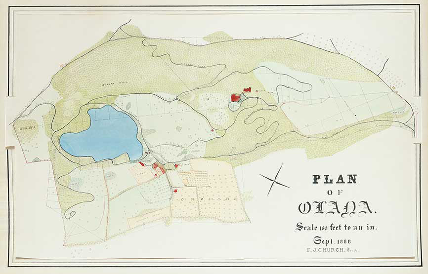 Frederic Joseph Church, Plan of Olana, September 1886, ink and watercolor on paper, 22 1/8 x 36 ¼ in. Collection Olana State Historic Site. New York State Office of Parks, Recreation and Historic Preservation.
