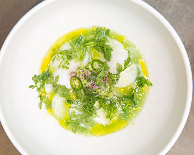 Scallop aguachile. Photograph by Ben Lozovsky for Moët & Chandon