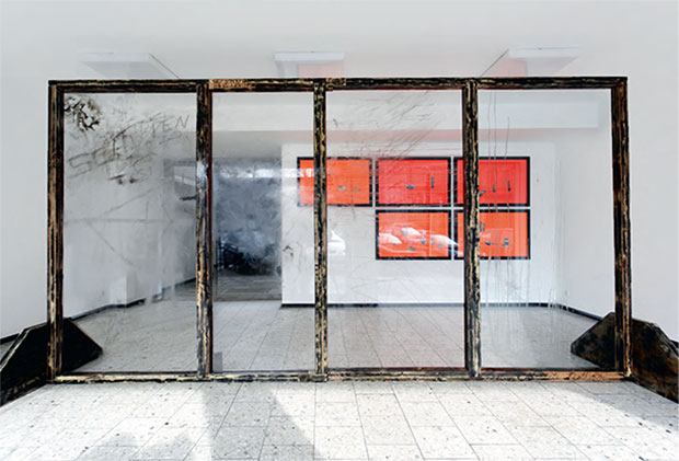 Front, Supermax Wall, 2006 plexiglass, wood, lacquer, spray paint;  Back Still Life On Orange Background 1–5, 2006 Collage on paper; Installation view at Galerie Christian Nagel, Cologne, 2006