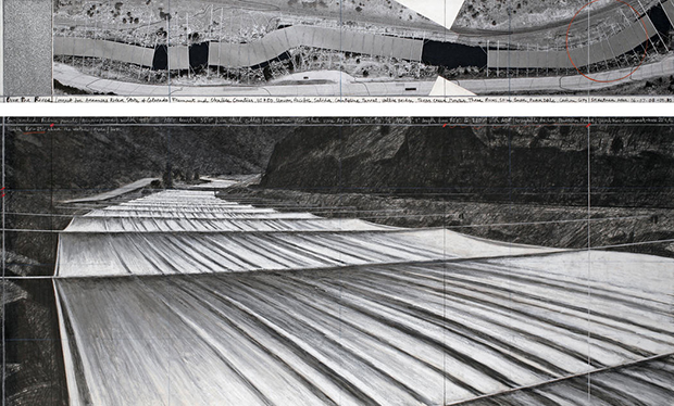 Christo  Over The River (Project for Arkansas River, State of Colorado)  Drawing 2013 in two parts  15 x 96