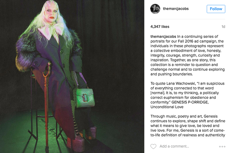 Genesis P-Orridge in Marc Jacobs' Fall 2016 Women’s Collection. Photographed by David Sims and styled by Katie Grand. Image courtesy of TheMarcJacobs Instagram account.