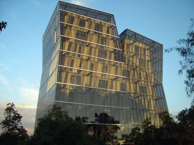 The Siamese Tower for the San Joaquín Campus of the Pontificia Universidad Católica de Chile, 2005, Santiago, by Alejandro Aravena's Elemental practice