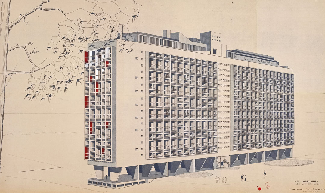 Unité d’Habitation, Firminy, Perspective of east facade by Le Corbusier. From Le Corbusier Le Grand