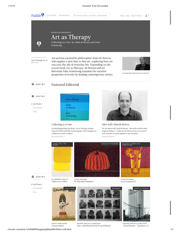 Alain de Botton Paddle8 auction page