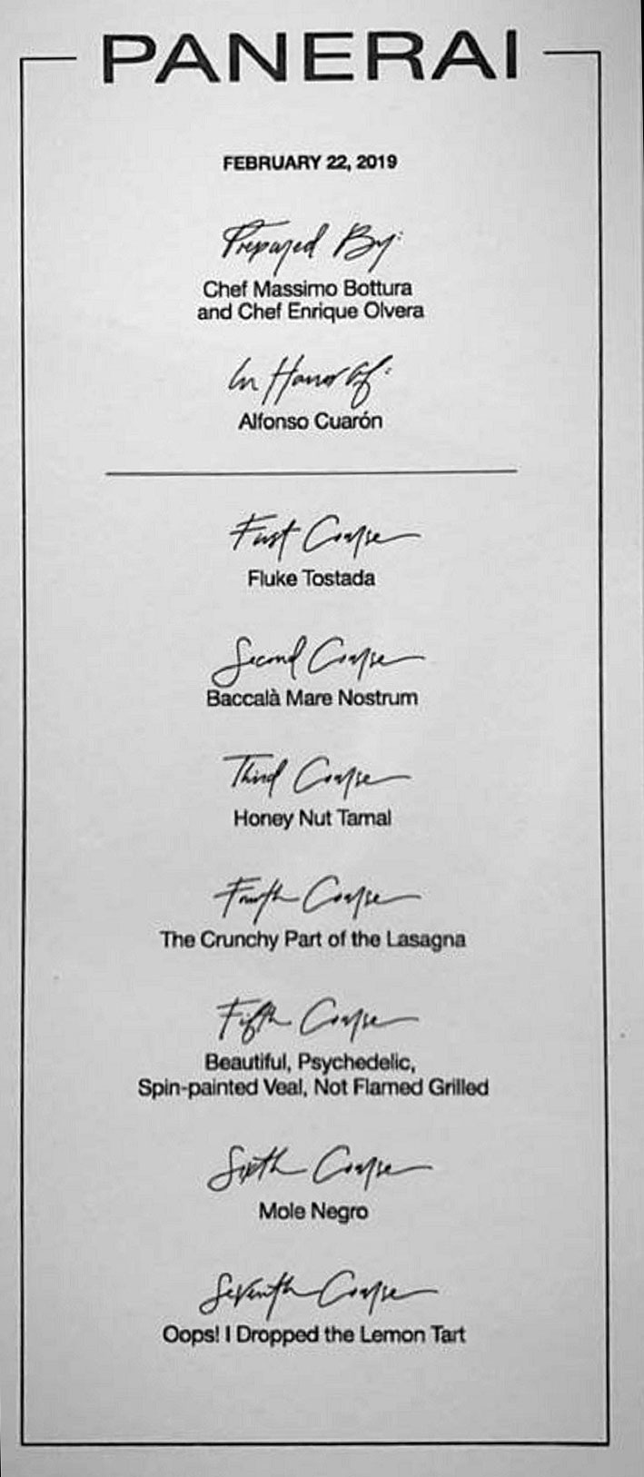 The menu for Massimo and Enrique's Oscars dinner