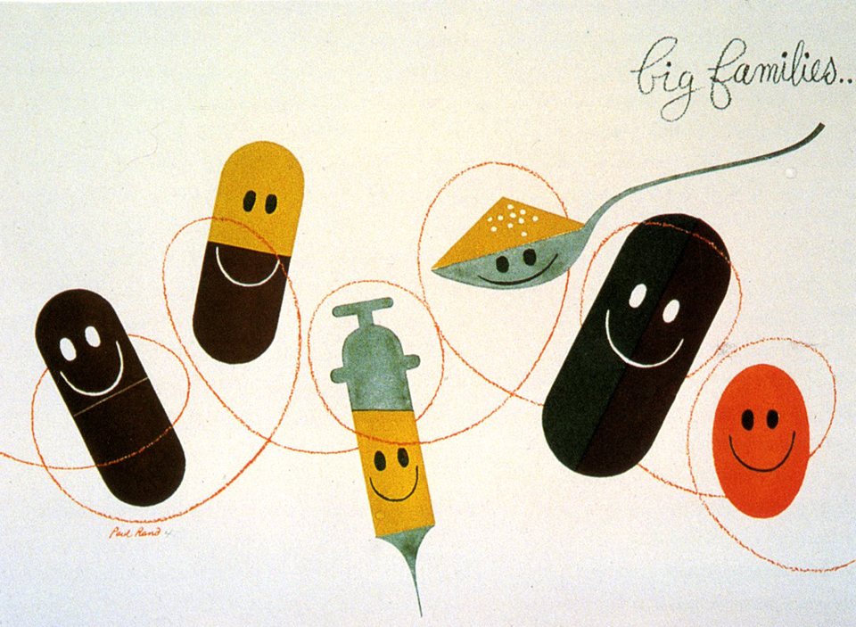 Paul Rand makes the nurse's needle a little less scary: Big Families advertising flyer 1947