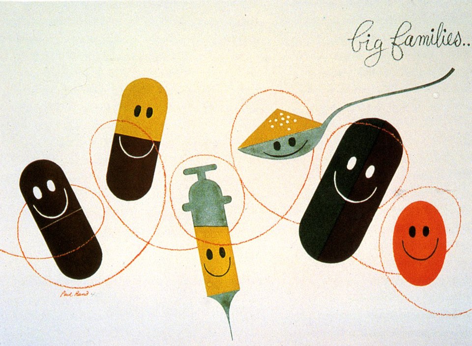 Paul Rand makes the nurse's needle a little less scary: Big Families advertising flyer 1947