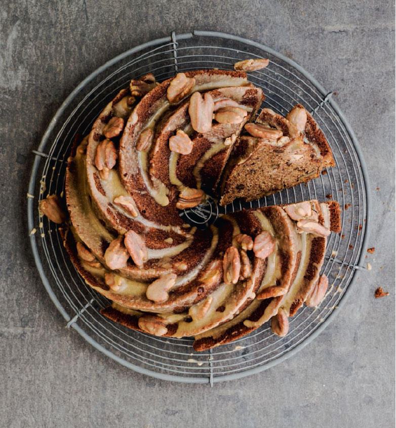 Sticky pear and pecan toffee cake