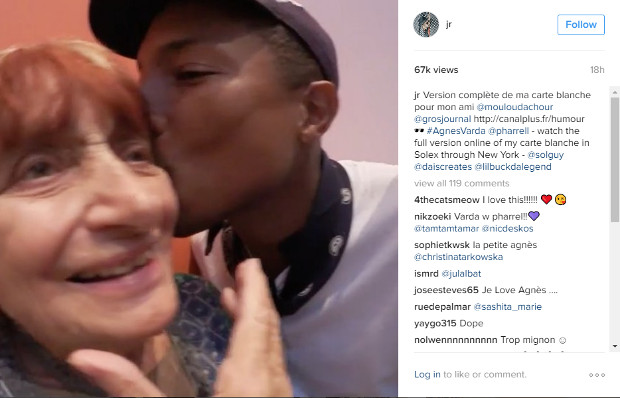 Agnès Varda and Pharrell Williams, as posted on JR's Instagram