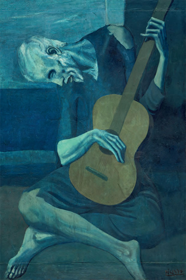 The Old Guitarist 1903–4 by Pablo Picasso, oil on panel 122.9 x 82.6 cm (48½ x 32½ in) Art Institute of Chicago, Illinois. The Art Institute of Chicago / Art Resource, ny/ Scala, Florence / ©
Succession Picasso/dacs, London 2017. As reproduced in Chromaphilia: The Story of Colour in Art