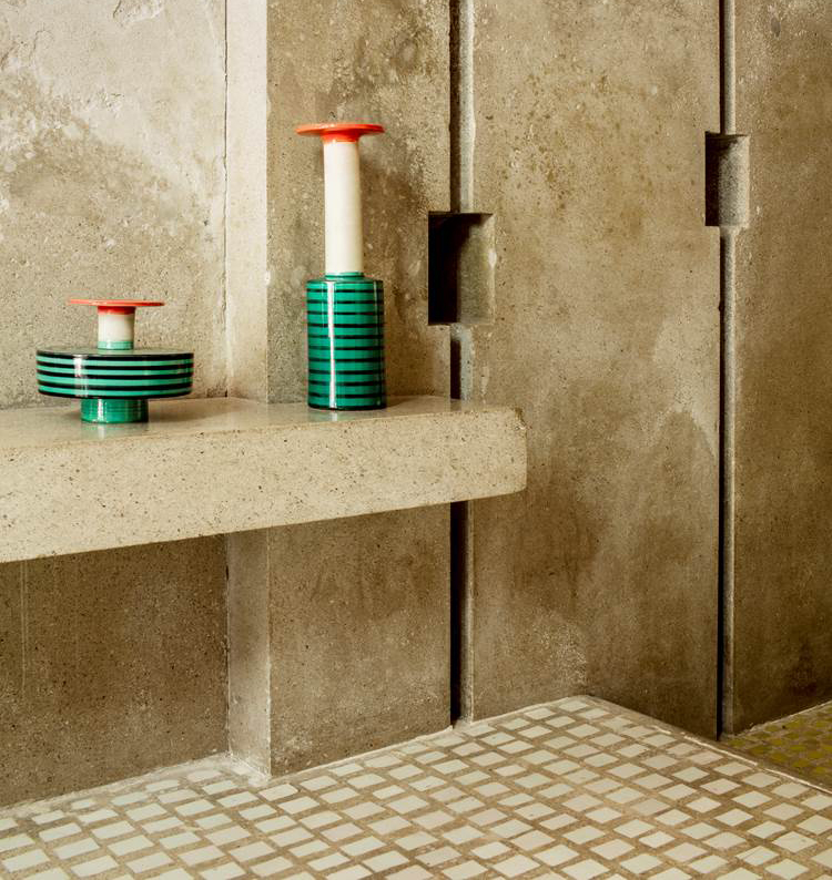 Ettore Sottsass's ceramics on display at Carlo Scarpa's Negozio Olivetti building in Venice