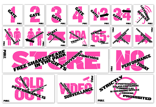 Signage designs for the Delacorte in Central Park. Image courtesy of Pentagram