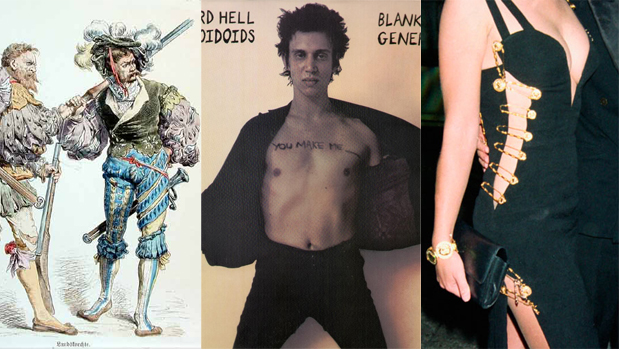 From left: early modern Landsknechte; Richard Hell on the cover of Blank Generation, 1977; Elizabeth Hurley's 1994 safety pin dress, by Gianni Versace