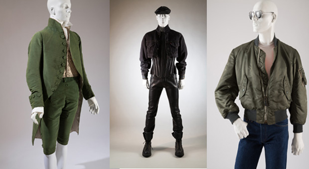 From left: Man’s three piece silk velvet suit, 1790-1800, France; ylon flight jacket, t-shirt and jeans, c.1978, USA; 1987 Levi's denim jacket, 1992 Mr. Pearl leather corset, 1994 Abel Villarreal leather pants, 1992 Wesco boots, 1970s leatherman cap. All from A Queer History of Fashion. 