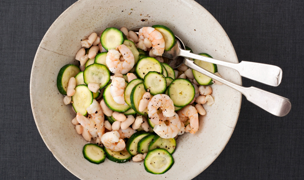 Courgettes, beans and prawns, a recipe from <a href=
