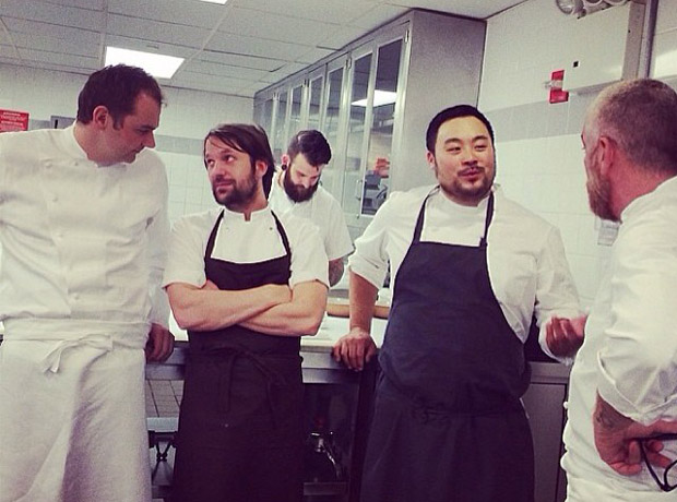 René Redzepi (second from the left) with James Beard Award Outstanding Chef 2013, David Chang (second from right) and fellow Phaidon author, chef Alex Atala (far right) in New York, yesterday. Picture courtesy of Momofuku's Sue Chan
