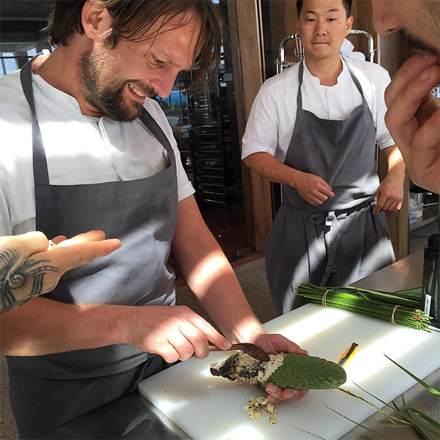 René Redzepi prepares an exotic monstera deliciosa fruit at Noma Australia. Image courtesy of Khanh Nguyen's Instagram