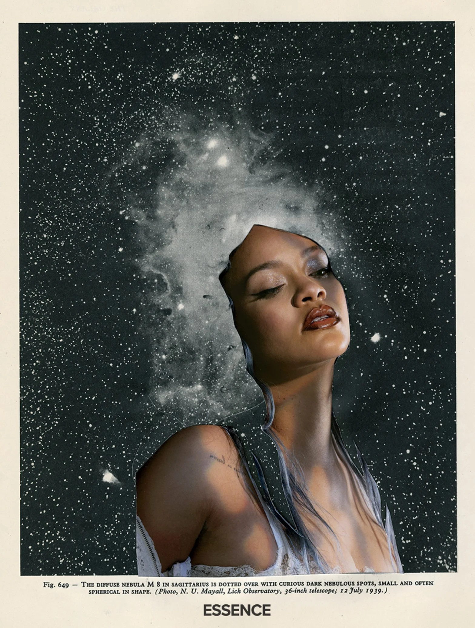 Nebula Rihanna by Lorna Simpson, Of Earth & Sky, 2020. Photographic collage, dimensions variable © Lorna Simpson Courtesy of the artist and Hauser & Wirth. Bra, Savage x Fenty. Top Harris Reed. Jacket Hood by Air