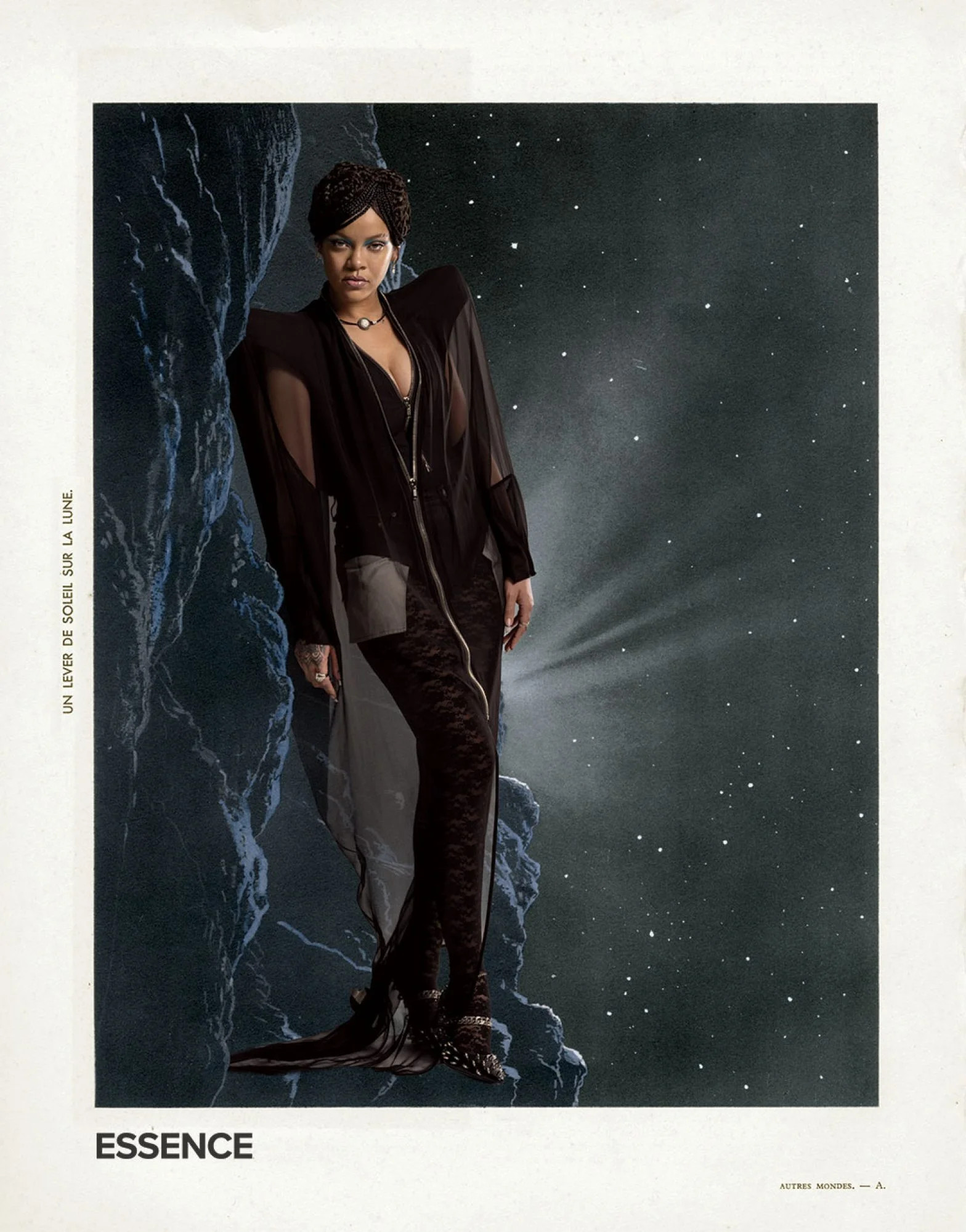 Moving Planets Rihanna by Lorna Simpson, of Earth & Sky, 2020. Photographic Collage, Dimensions Variable © Lorna Simpson Courtesy of the Artist and Hauser & Wirth. Coat, jacket and shorts Rick Owens. Leggings Savage X Fenty. Shoes Givenchy. Choker Belperron. Rings Belperron and Messika. Earrings Chrome Hearts, Thelma West (Drops), Messika and Melissa Kaye (Cuff Stud). Anklet Rihanna’s own.