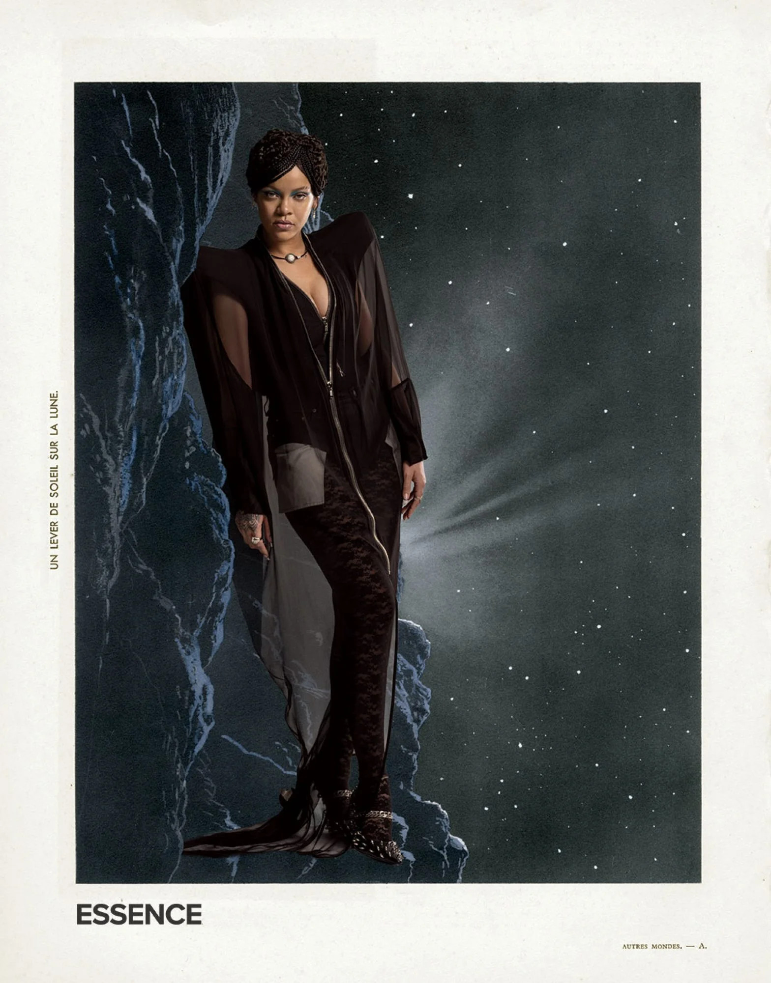 Moving Planets Rihanna by Lorna Simpson, of Earth & Sky, 2020. Photographic Collage, Dimensions Variable © Lorna Simpson Courtesy of the Artist and Hauser & Wirth. Coat, jacket and shorts Rick Owens. Leggings Savage X Fenty. Shoes Givenchy. Choker Belperron. Rings Belperron and Messika. Earrings Chrome Hearts, Thelma West (Drops), Messika and Melissa Kaye (Cuff Stud). Anklet Rihanna’s own.